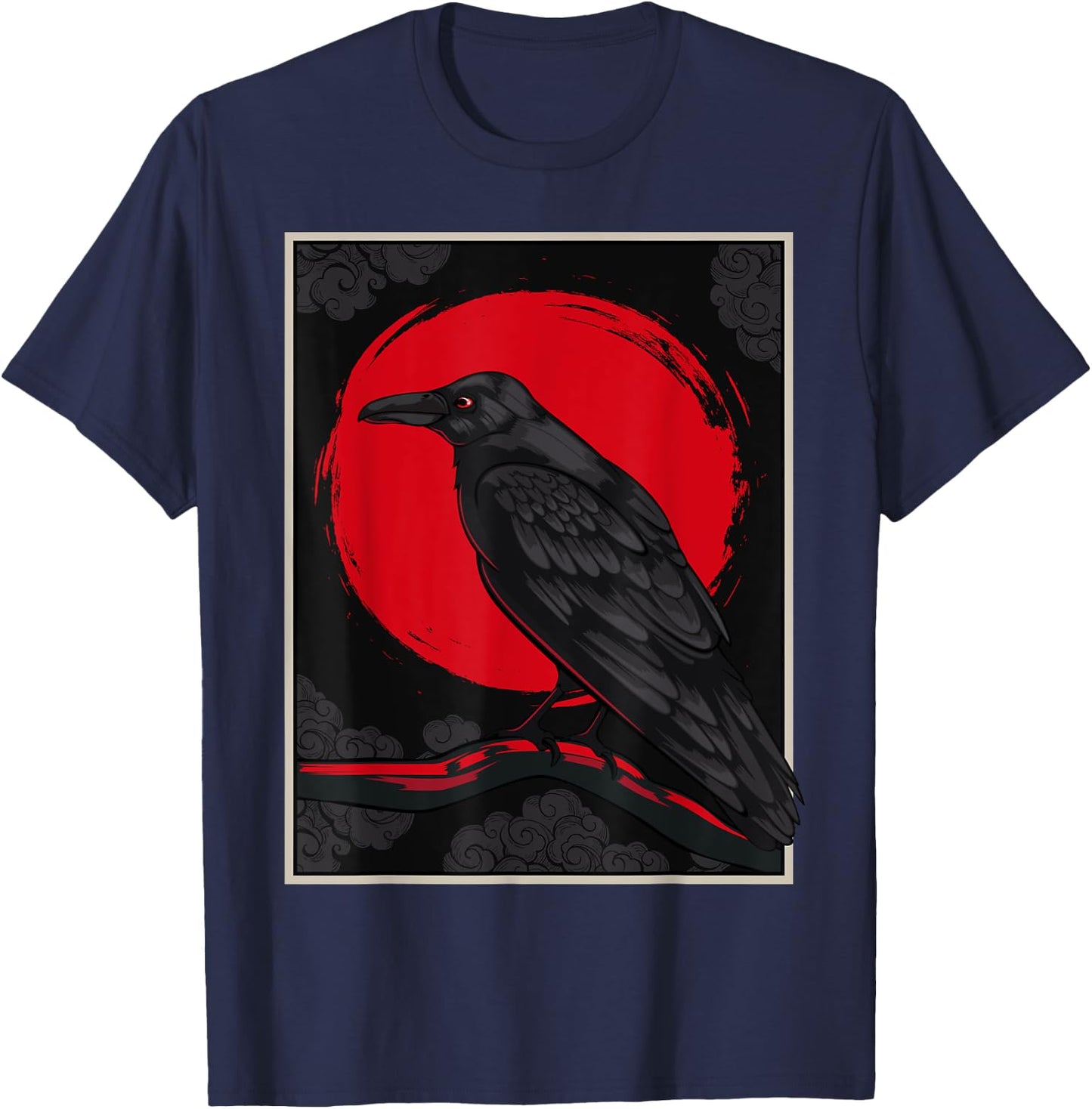 Black Raven Moon Nordic Red Crow Lover Design Japanese T-Shirt - T-Shirt | Navy