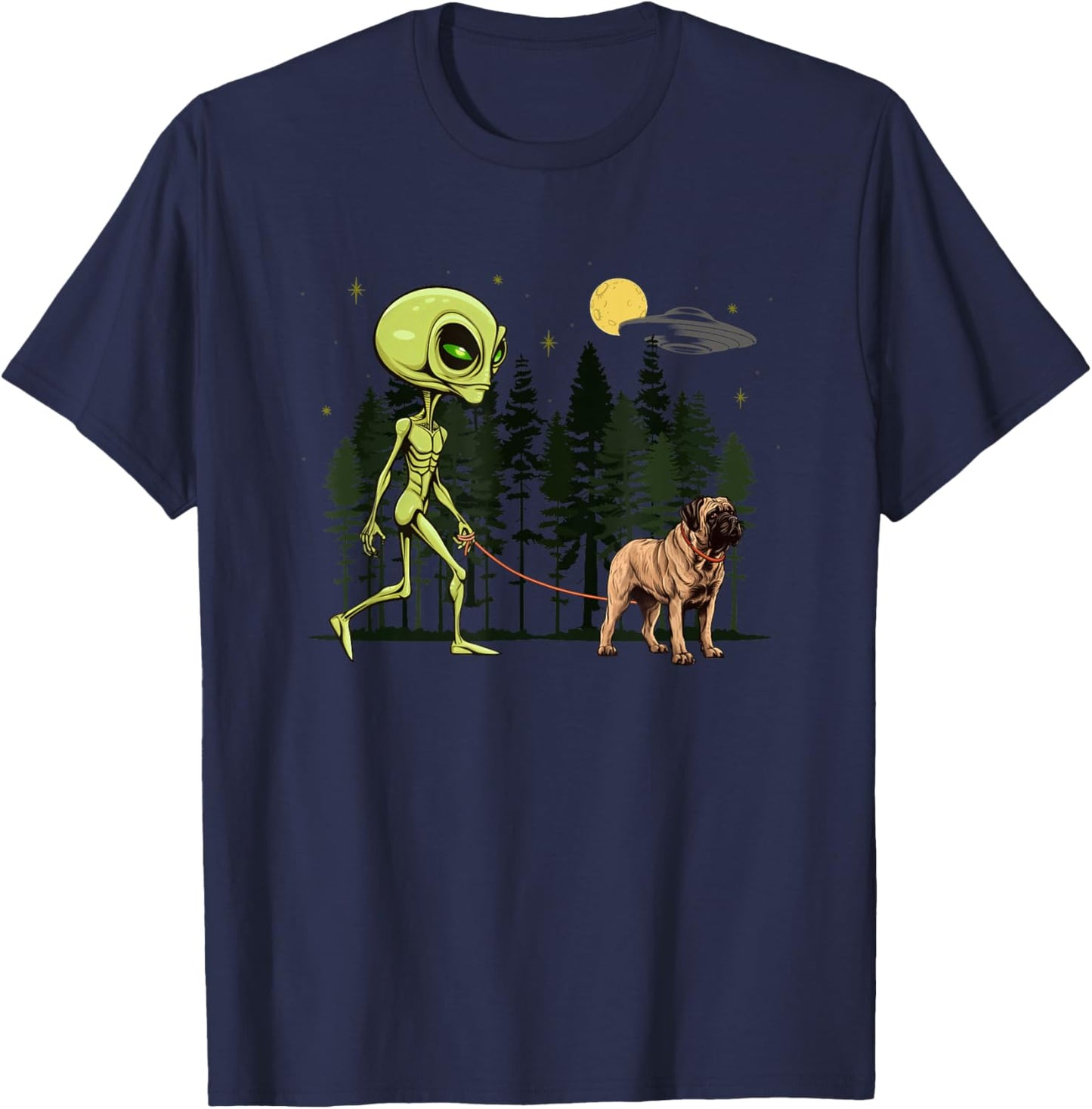 Funny English Mastiff Alien Walking UFO Pet Dog Mom Dad T-Shirt - T-Shirt | Navy