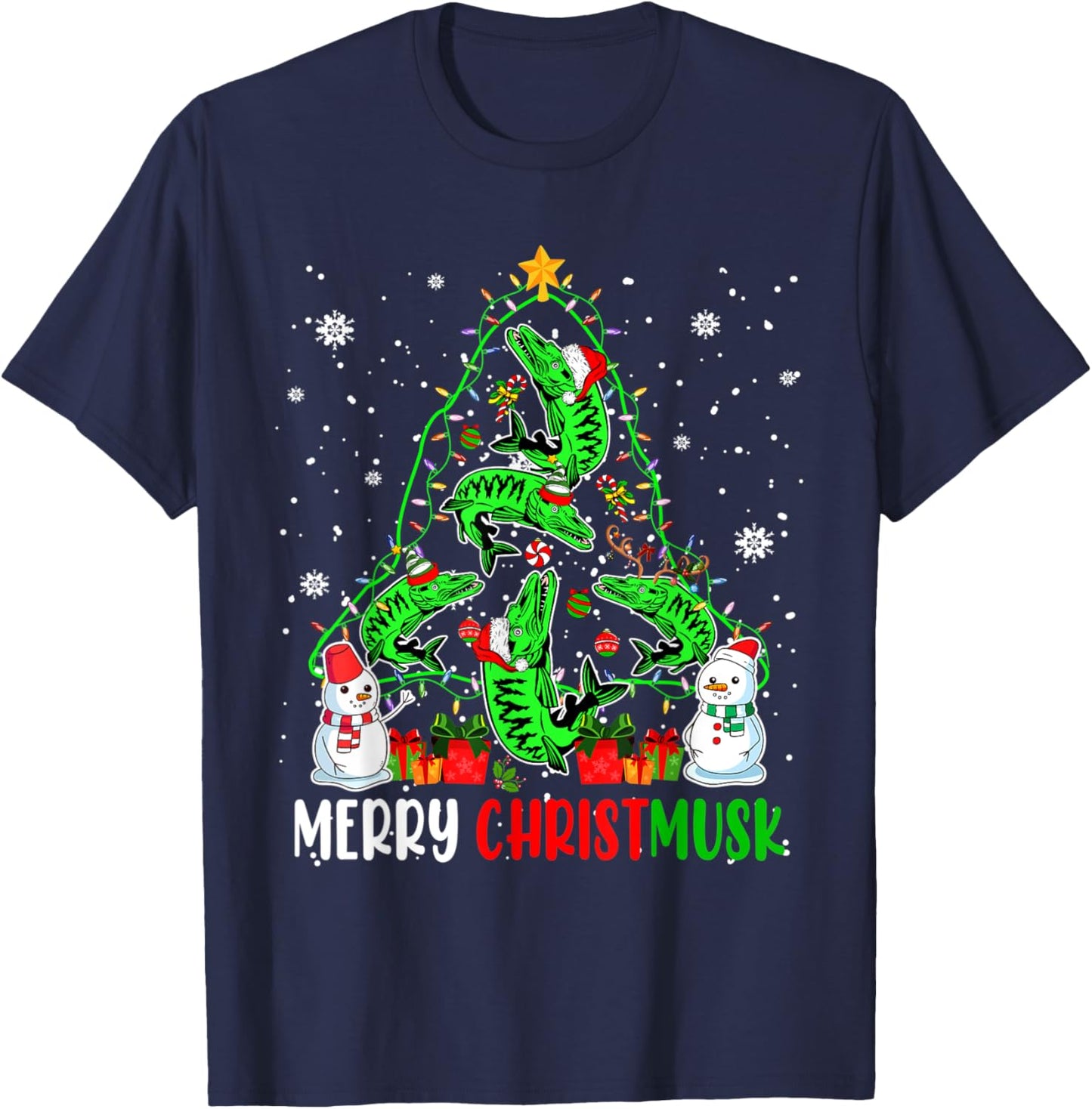 Merry Christmas Musky Funny Santa Musky Fishes As Xmas Tree T-Shirt - T-Shirt | Navy