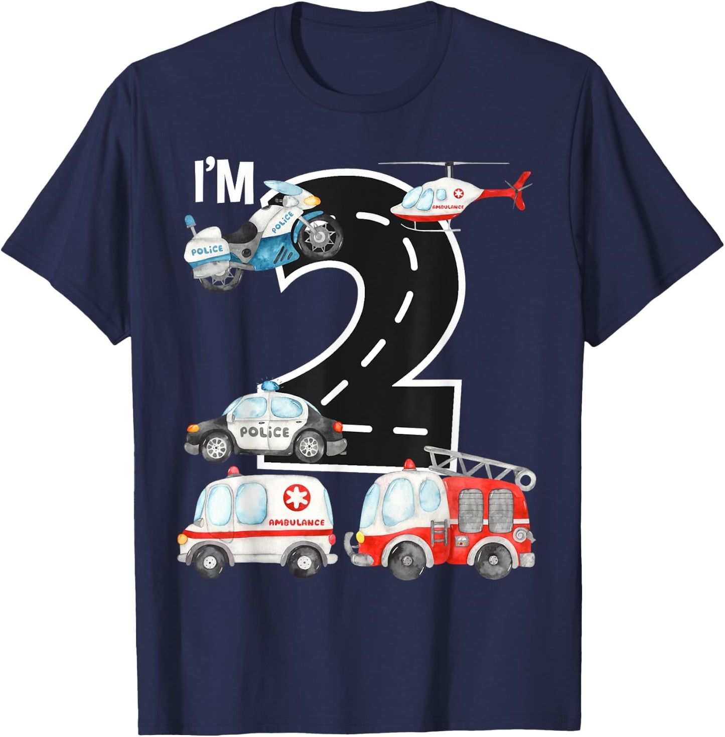 Emergency Vehicles 2nd Birthday Fire Truck Police Car Boys T-Shirt - T-Shirt | Navy