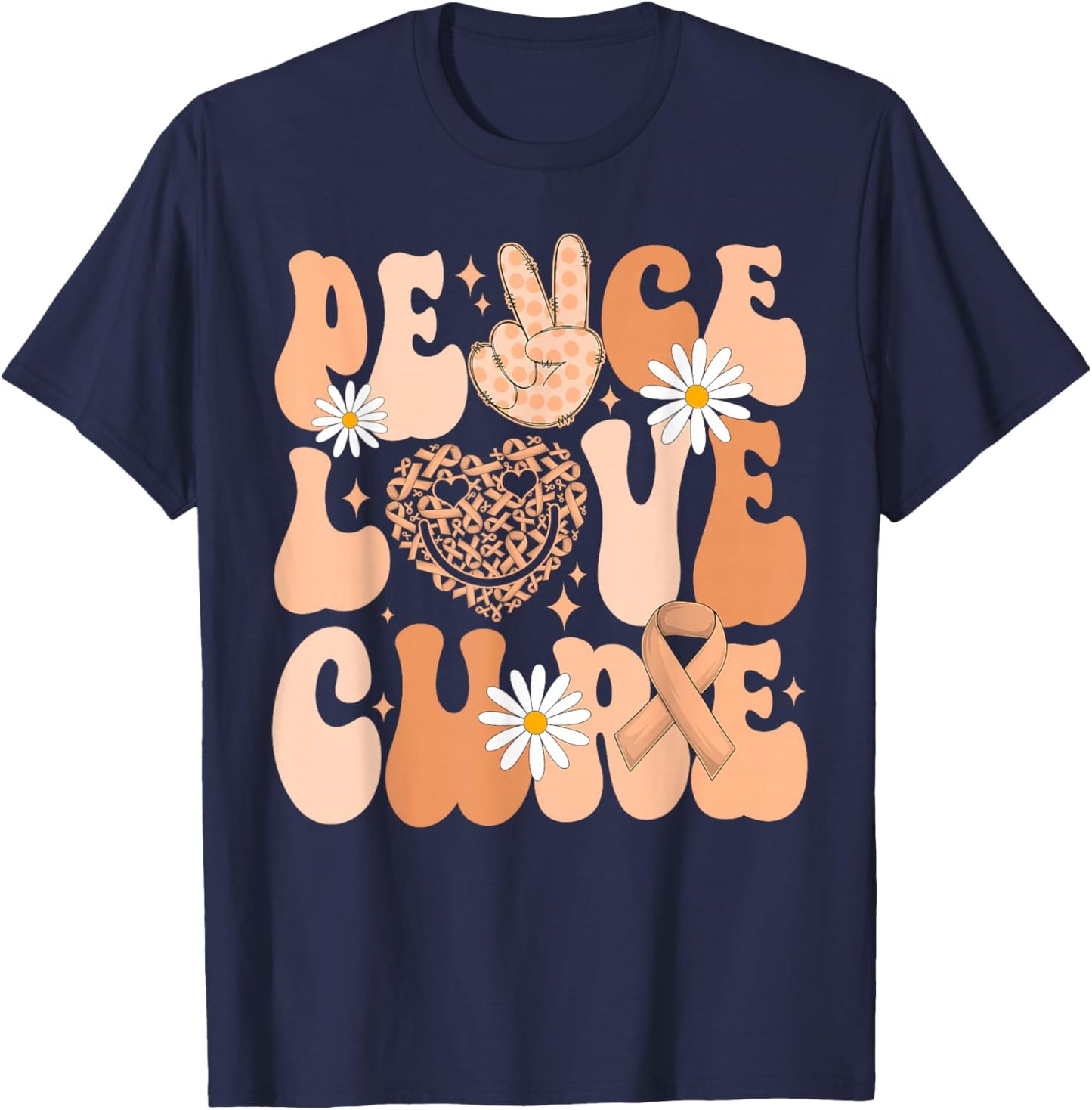 Retro Groovy Peace Love Cure Uterine Cancer Awareness Month T-Shirt - T-Shirt | Navy