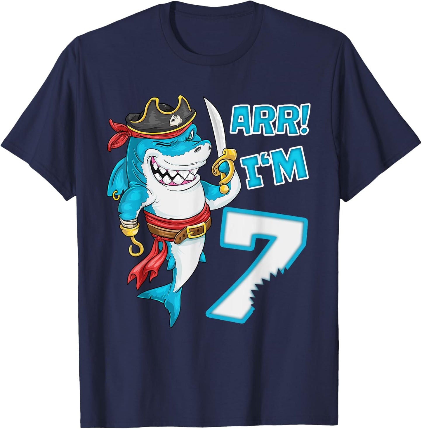 I'm 7 years Bday Shark pirate 7th Birthday boy pirate Party T-Shirt - T-Shirt | Navy