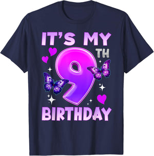 9th Birthday Butterfly Nine Bday 9 Year Old Birthday Girl T-Shirt - T-Shirt | Navy