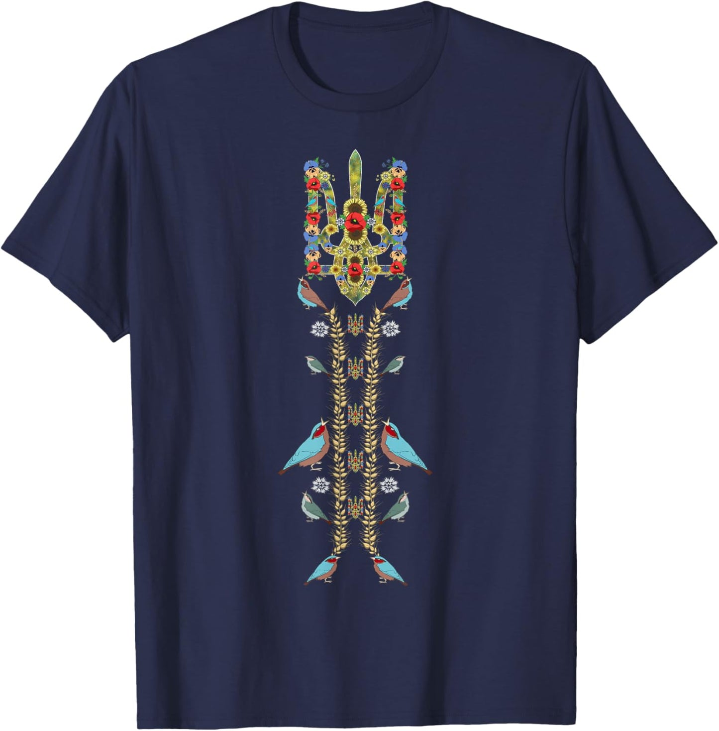 Ukraine Trysub (Dreizack) & Birds Retro Ukrainian Vyshyvanka T-Shirt - T-Shirt | Navy
