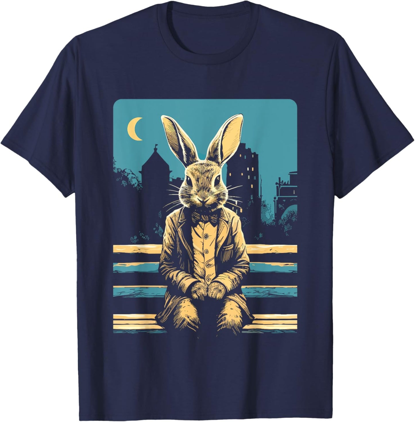 Rabbit on a park bench, Moon, Bunny Lovers, Men,Women, Kids T-Shirt - T-Shirt | Navy