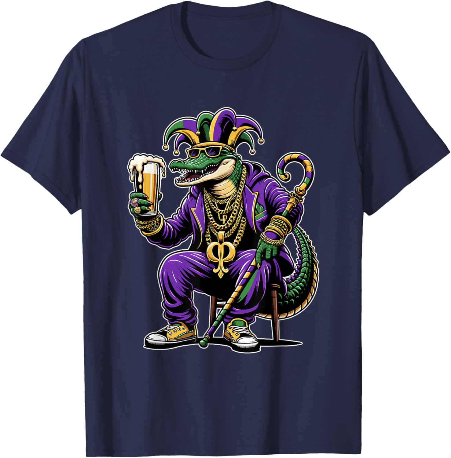 Beads & Bling Gangster Mardi Gras Gator Alligator Jester T-Shirt - T-Shirt | Navy