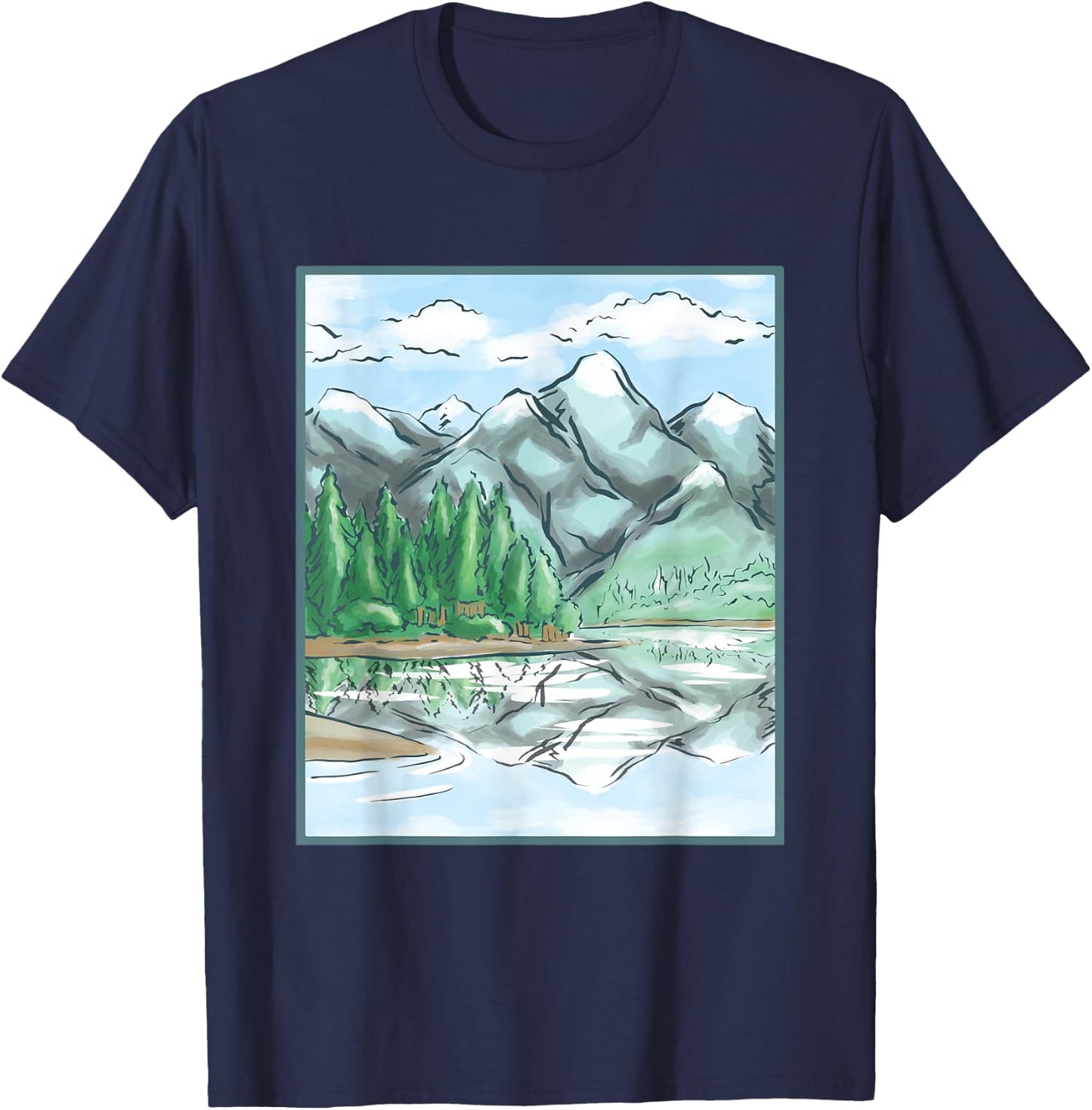 Nature Forest Lake Mountain Landscape T-Shirt - T-Shirt | Navy