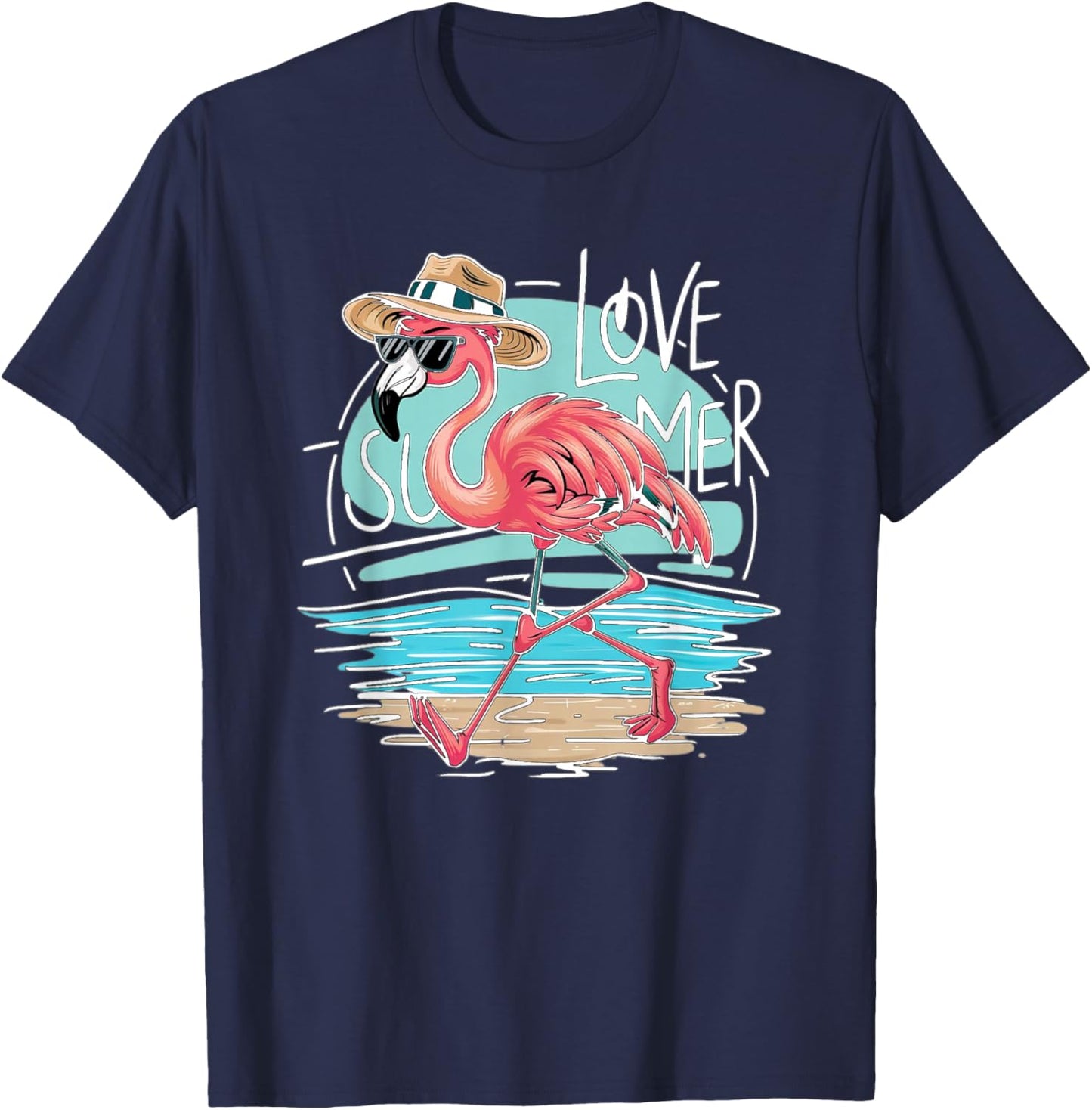 I Love Summer, Flamingo mit Hut, Urlaub, Sommermotiv weiss T-Shirt - T-Shirt | Navy