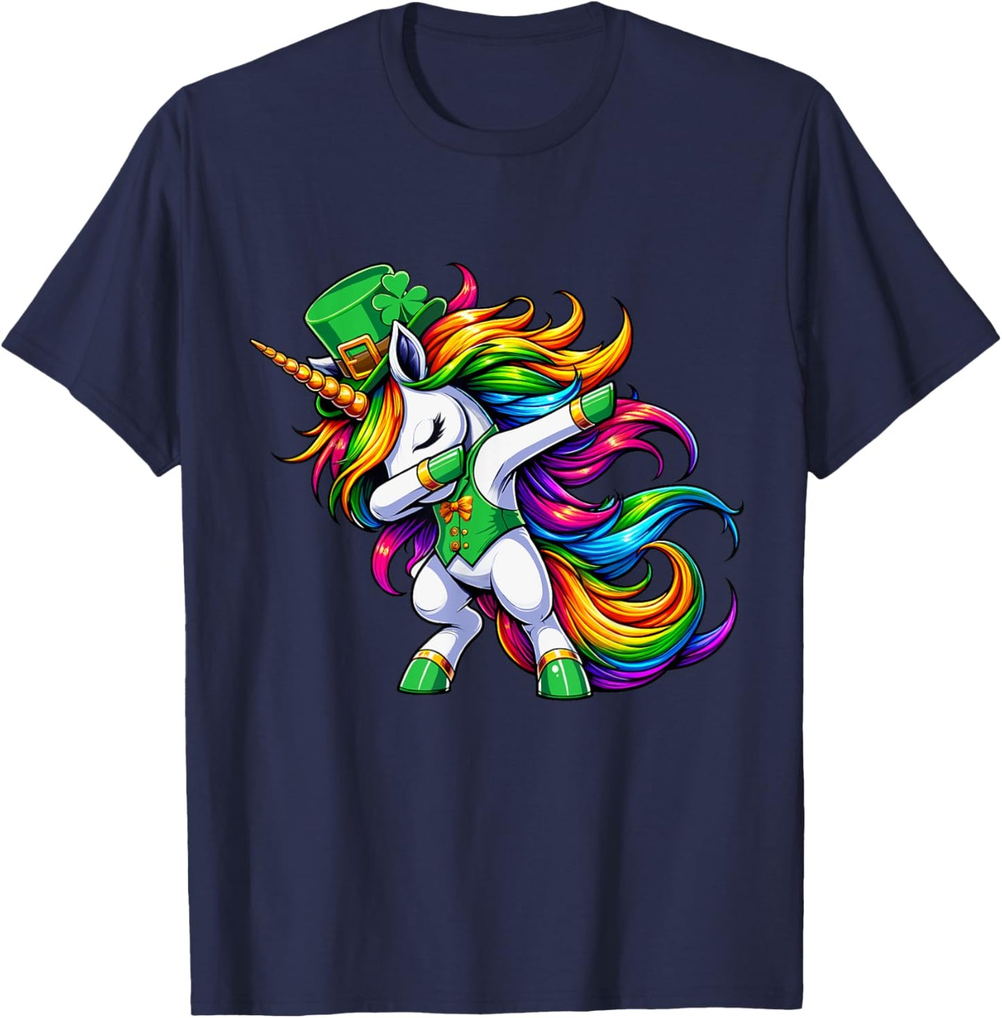 St Patricks Day Girls Women Boys Dabbing Unicorn Leprechaun T-Shirt - T-Shirt | Navy