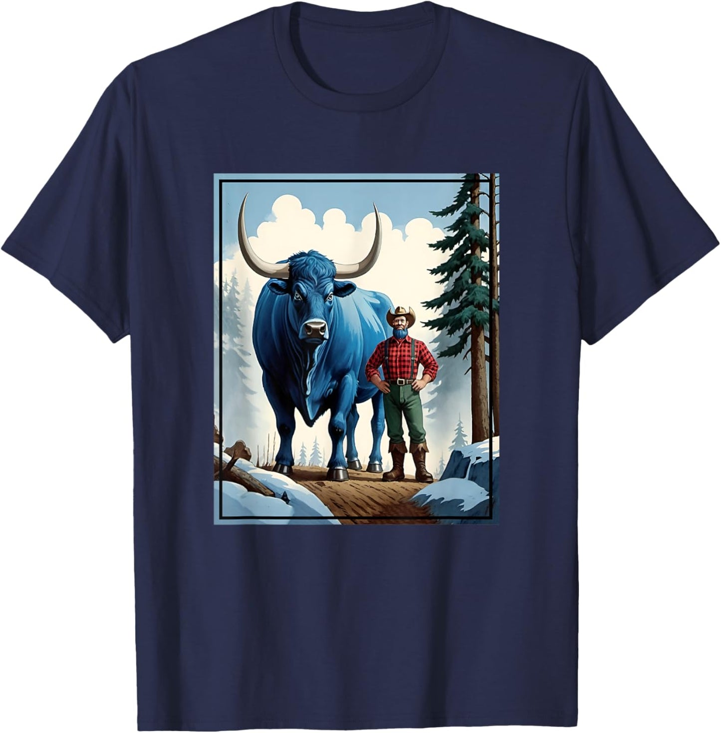 American Lumberjack Folk Hero Paul Bunyan & Babe The Giant Blue Ox in The Woods T-Shirt - T-Shirt | Navy
