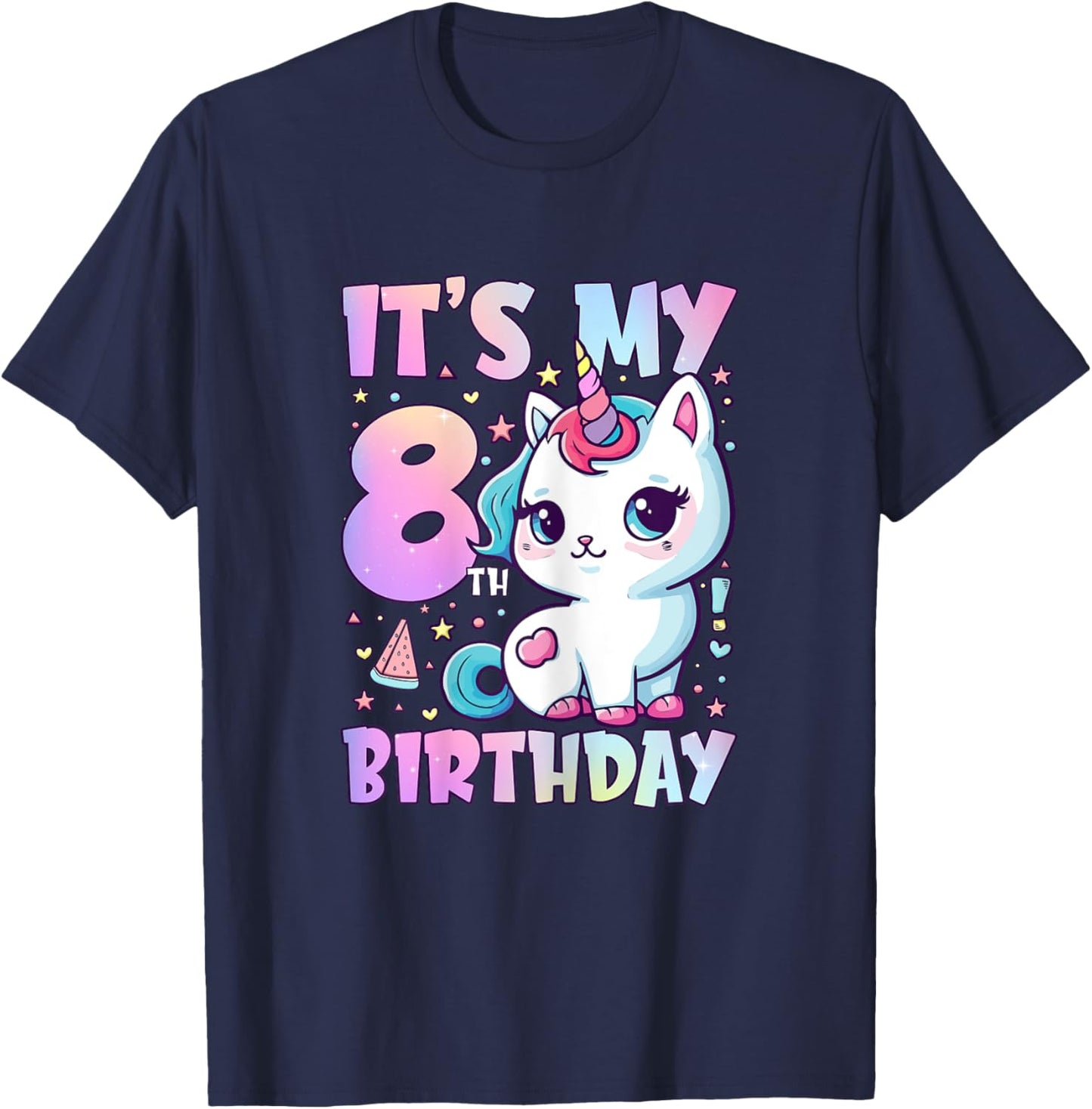 8th Birthday Shirt For Girls 8 Year Old Cat Unicorn Birthday T-Shirt - T-Shirt | Navy