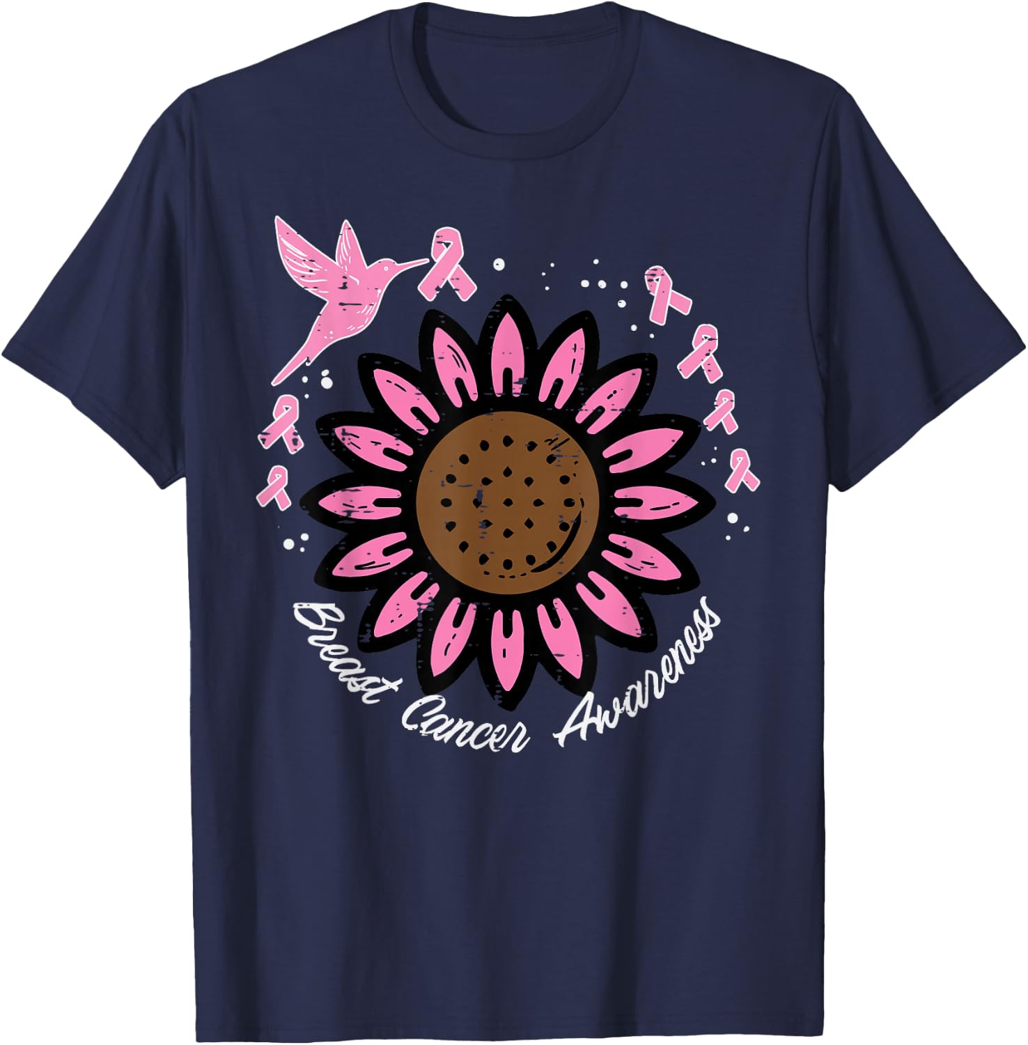 Hummingbird Sunflower Breast Cancer Awareness Women T-Shirt - T-Shirt | Navy