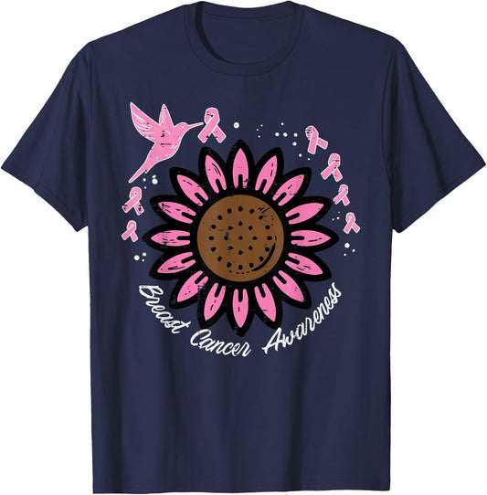 Hummingbird Sunflower Breast Cancer Awareness Women T-Shirt - T-Shirt | Navy