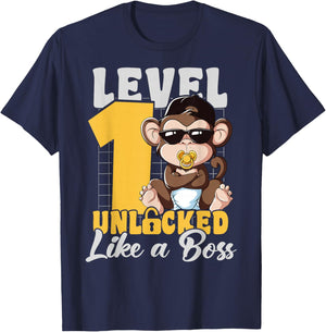 Turned 1 Year Like a Boss 1st Birthday Monkey Boy Girl Kids T-Shirt - T-Shirt | Navy
