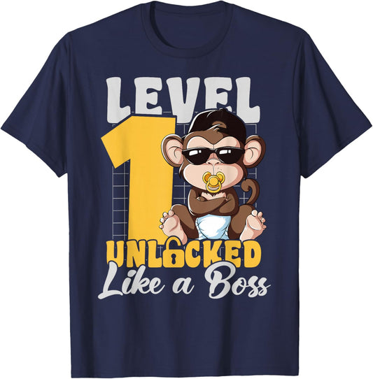 Turned 1 Year Like a Boss 1st Birthday Monkey Boy Girl Kids T-Shirt - T-Shirt | Navy