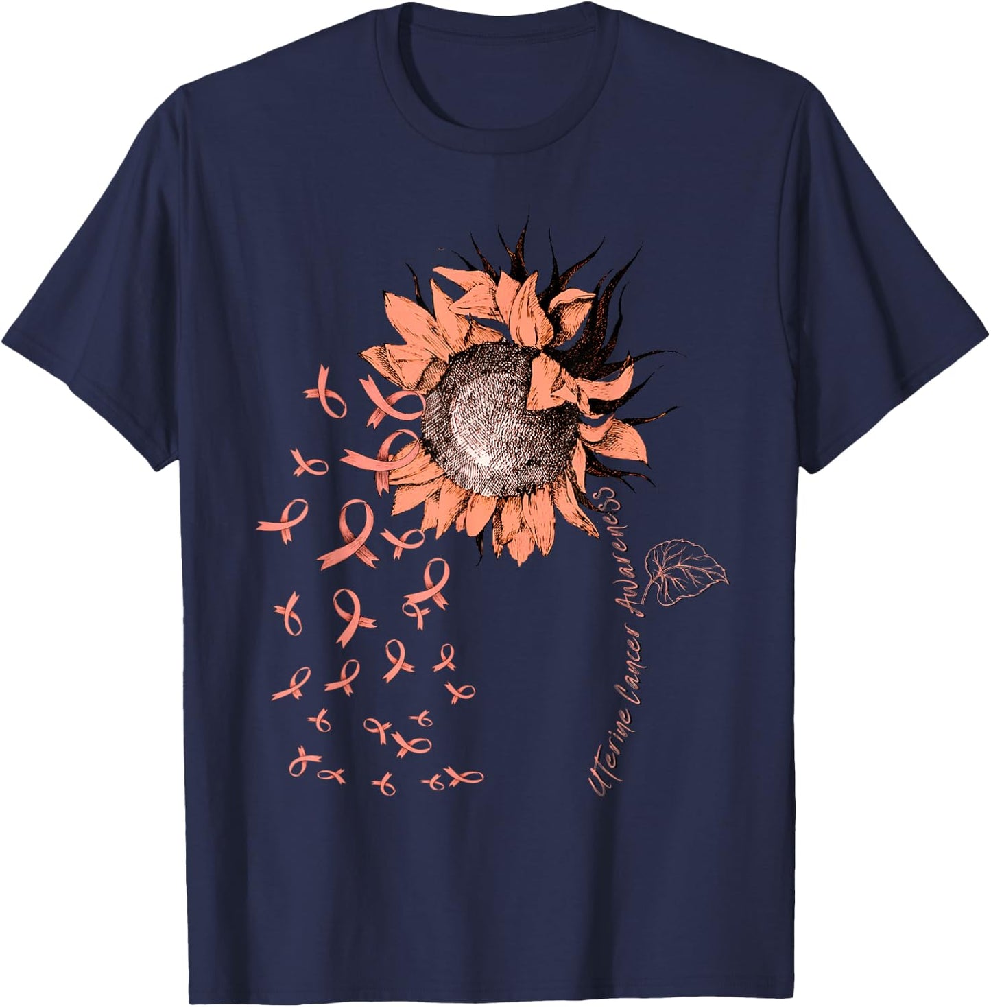 UTERINE CANCER Awareness Sunflower Peach Ribbon T-Shirt - T-Shirt | Navy