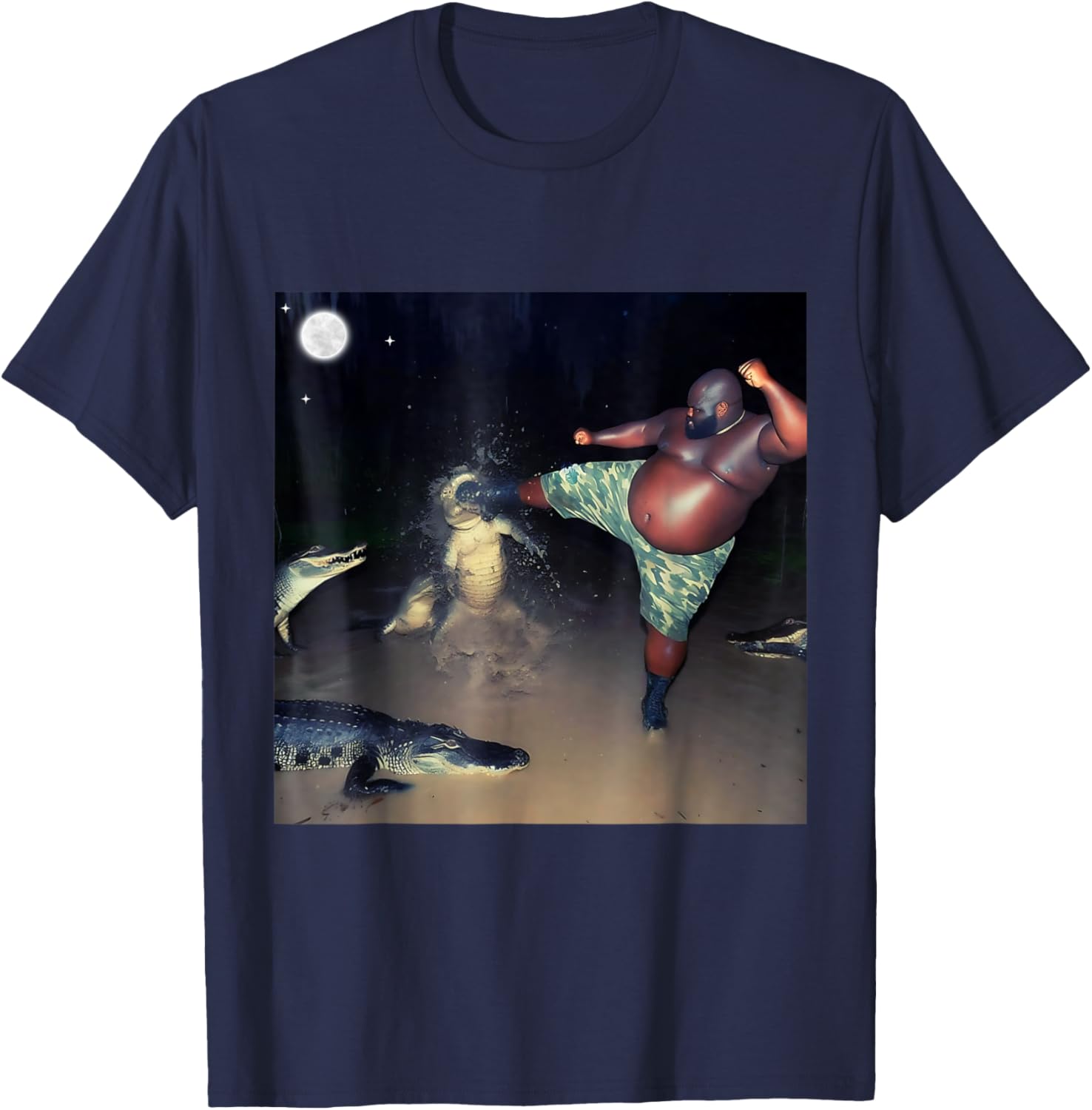 Man Kicking Alligator In Swamp Funny Oddly Meme Humor T-Shirt - T-Shirt | Navy