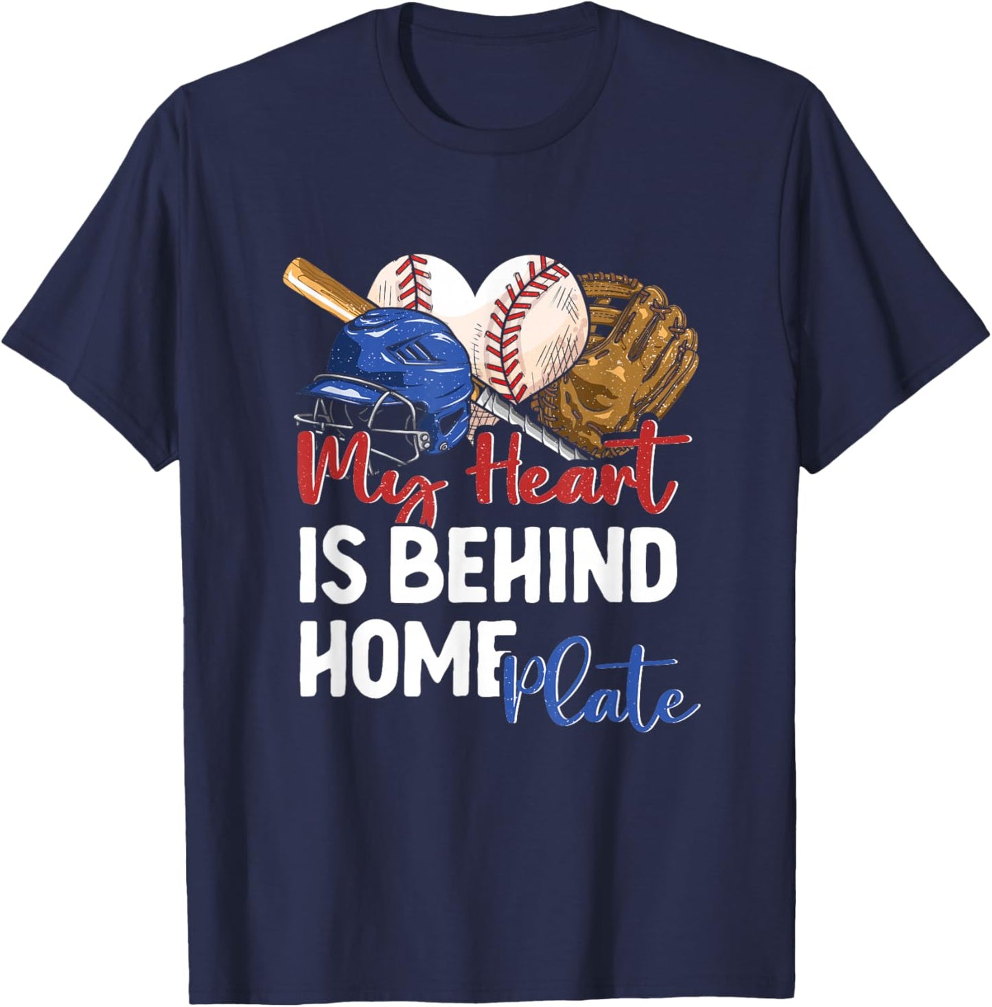 Mom Baseball Softball My Heart is Behind Home Plate Catcher T-Shirt - T-Shirt | Navy