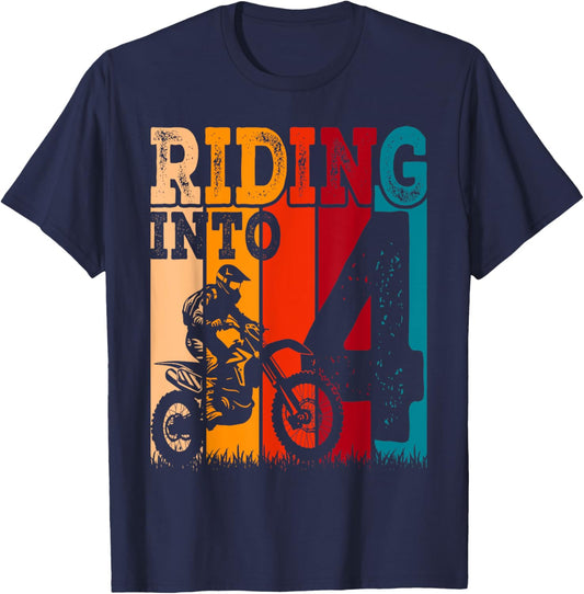 Riding Into 4 Years Old 4th Birthday Boy Dirt Bike Party T-Shirt - T-Shirt | Navy