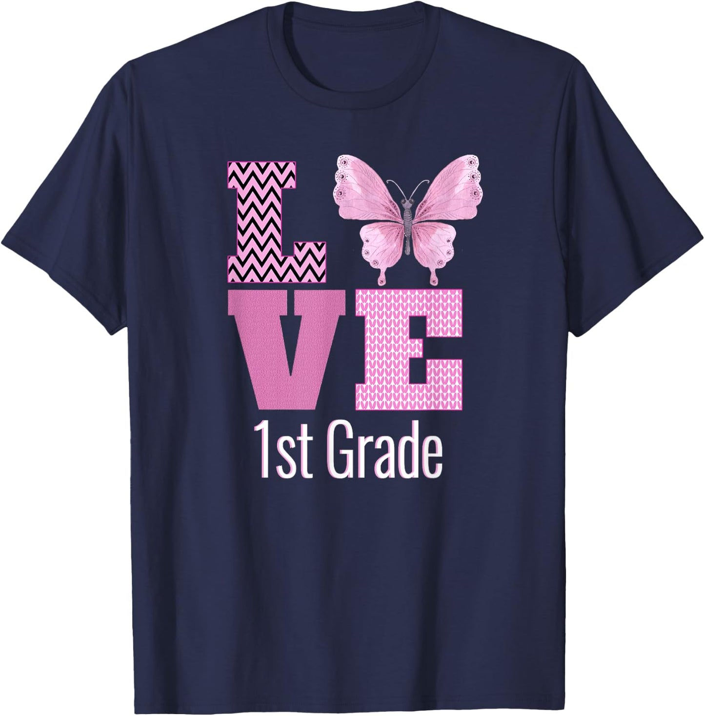 Love 1st Grade Purple Butterfly First Grade Teacher T-Shirt - T-Shirt | Navy