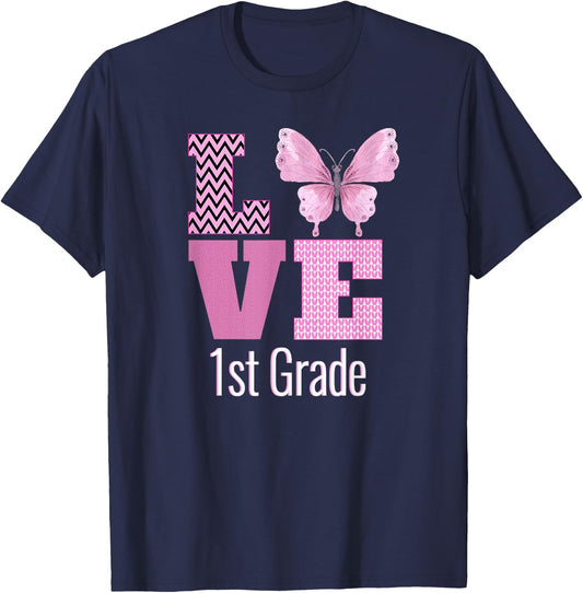 Love 1st Grade Purple Butterfly First Grade Teacher T-Shirt - T-Shirt | Navy