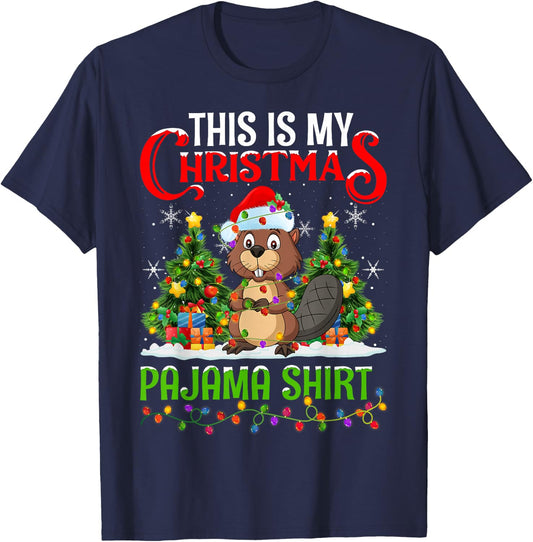 Beaver Xmas Lights This Is My Christmas Pajama T-Shirt - T-Shirt | Navy