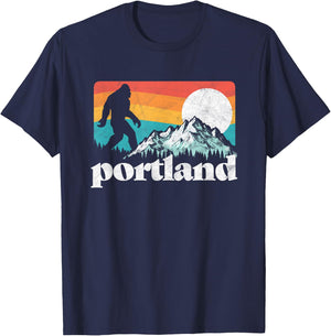 Portland Oregon Bigfoot & Mountains Outdoors T-Shirt - T-Shirt | Navy