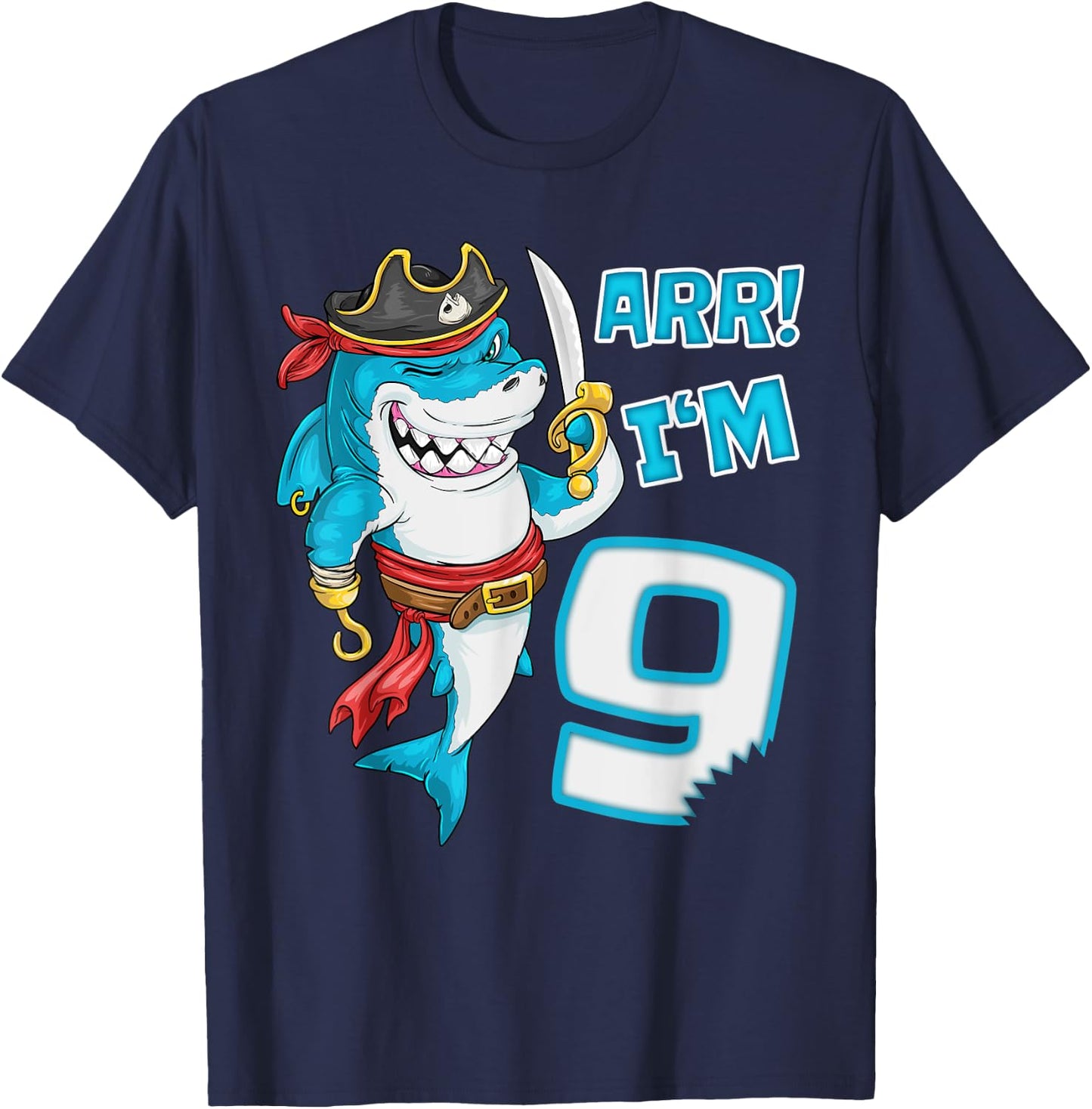 I'm 9 years Bday Shark pirate 9th Birthday boy pirate Party T-Shirt - T-Shirt | Navy