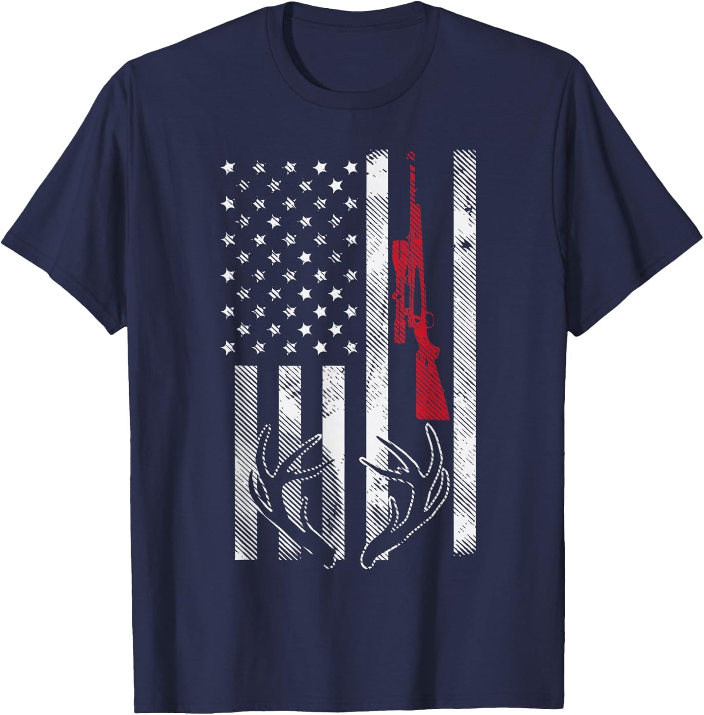 American Flag Rifle Antler Vintage Deer Hunting Hunter Gift T-Shirt - T-Shirt | Navy
