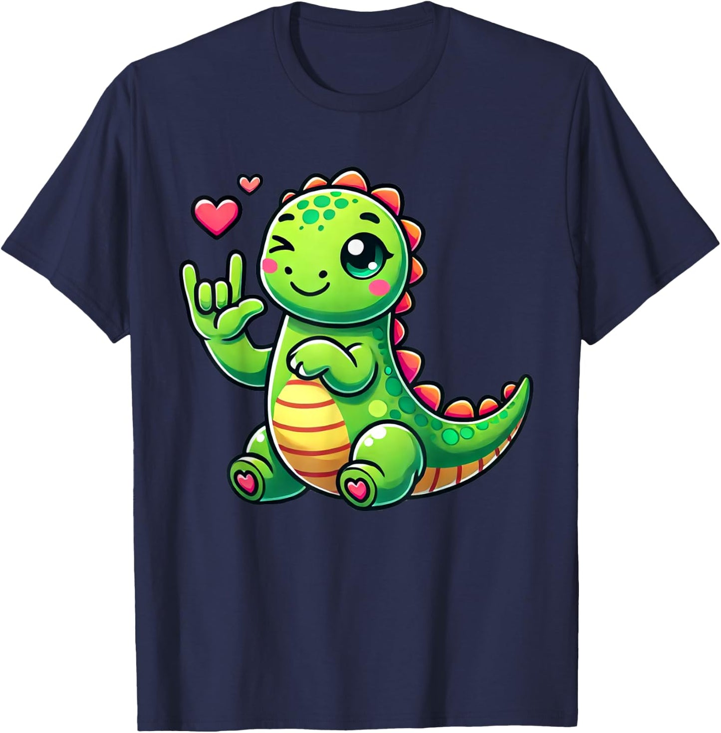 Cute Dinosaur Love You Hand Sign Language ASL T-Shirt - T-Shirt | Navy