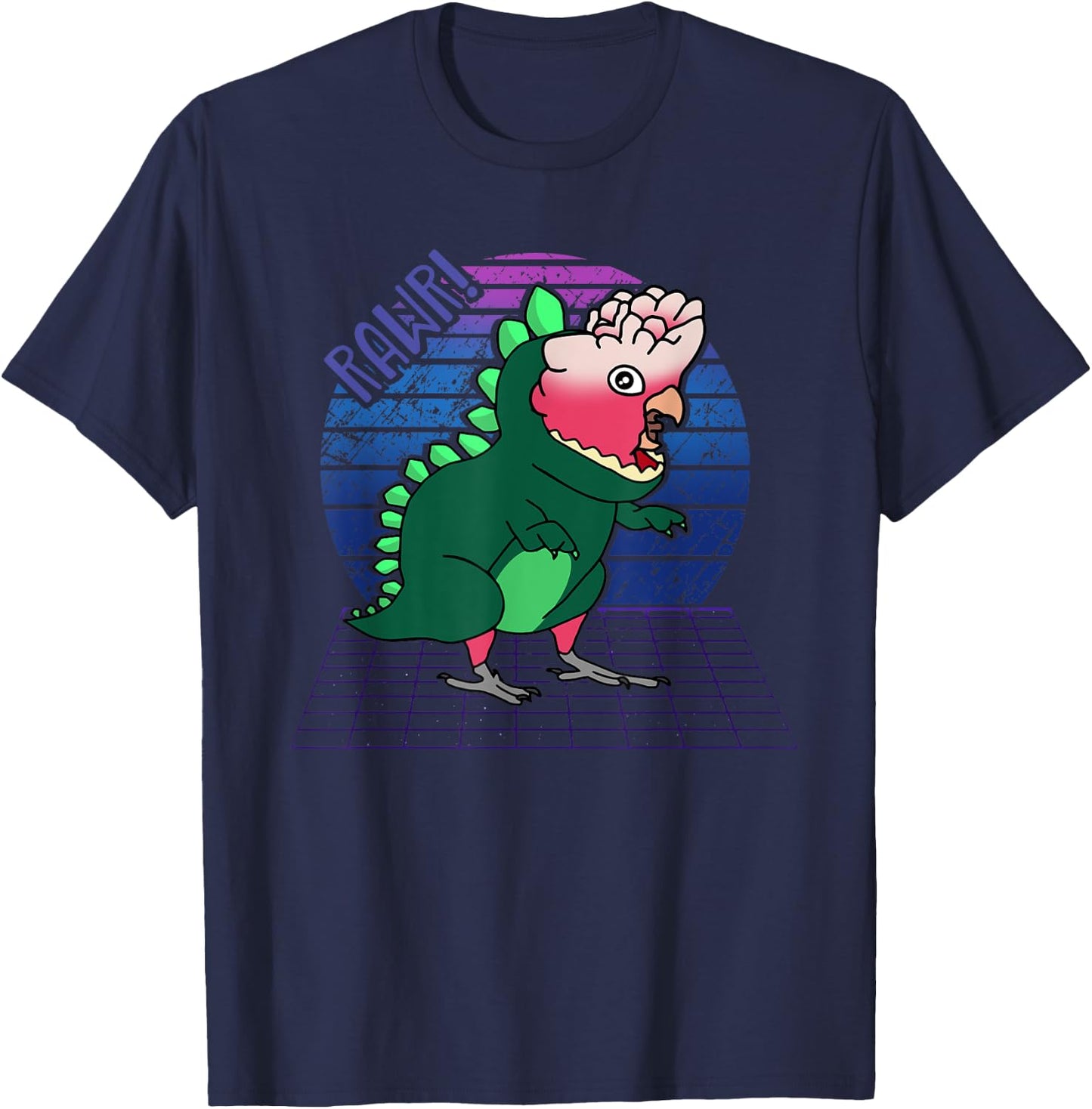Funny Birb, Vaporwave Rose breasted Galah Cockatoo Dinosaur T-Shirt - T-Shirt | Navy