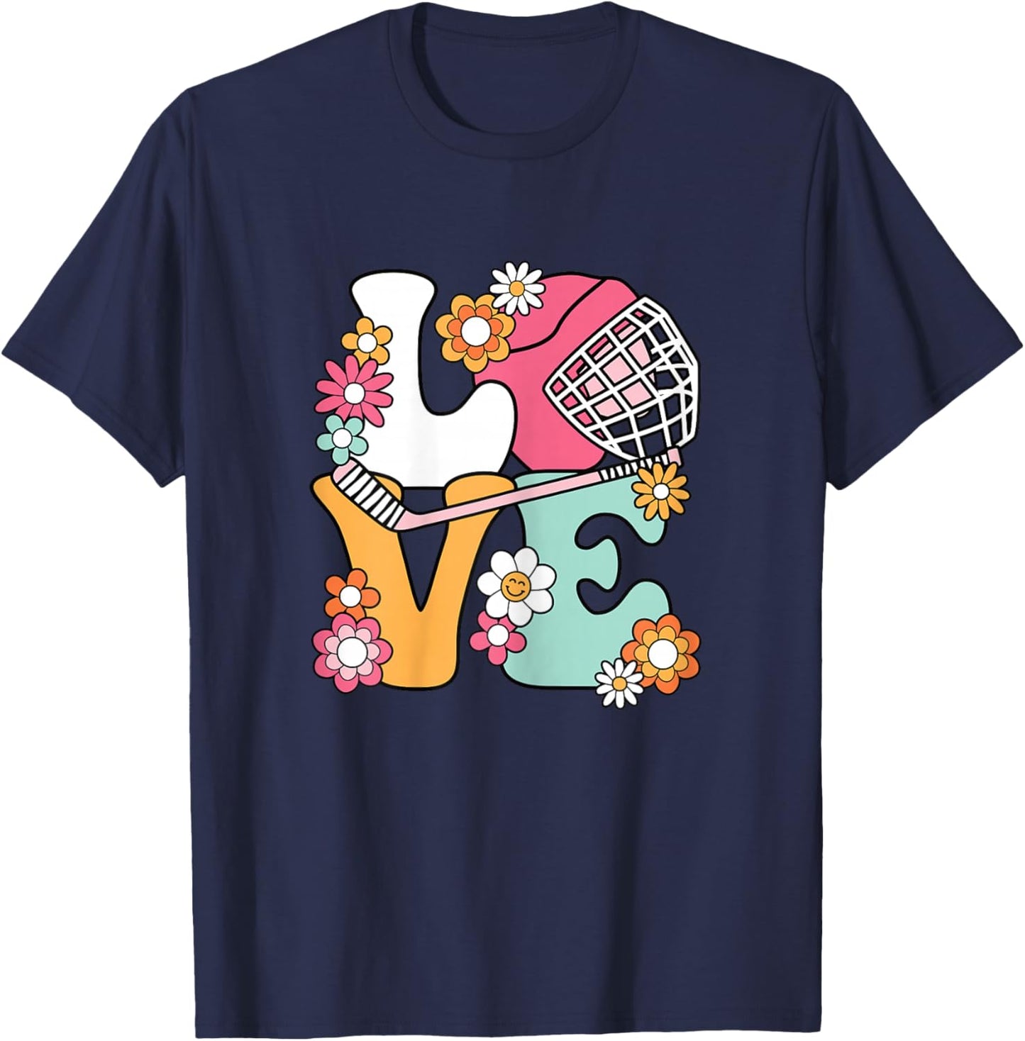 Groovy Hockey Love Ice Hockey Lover Women Girls Cute Hockey T-Shirt - T-Shirt | Navy