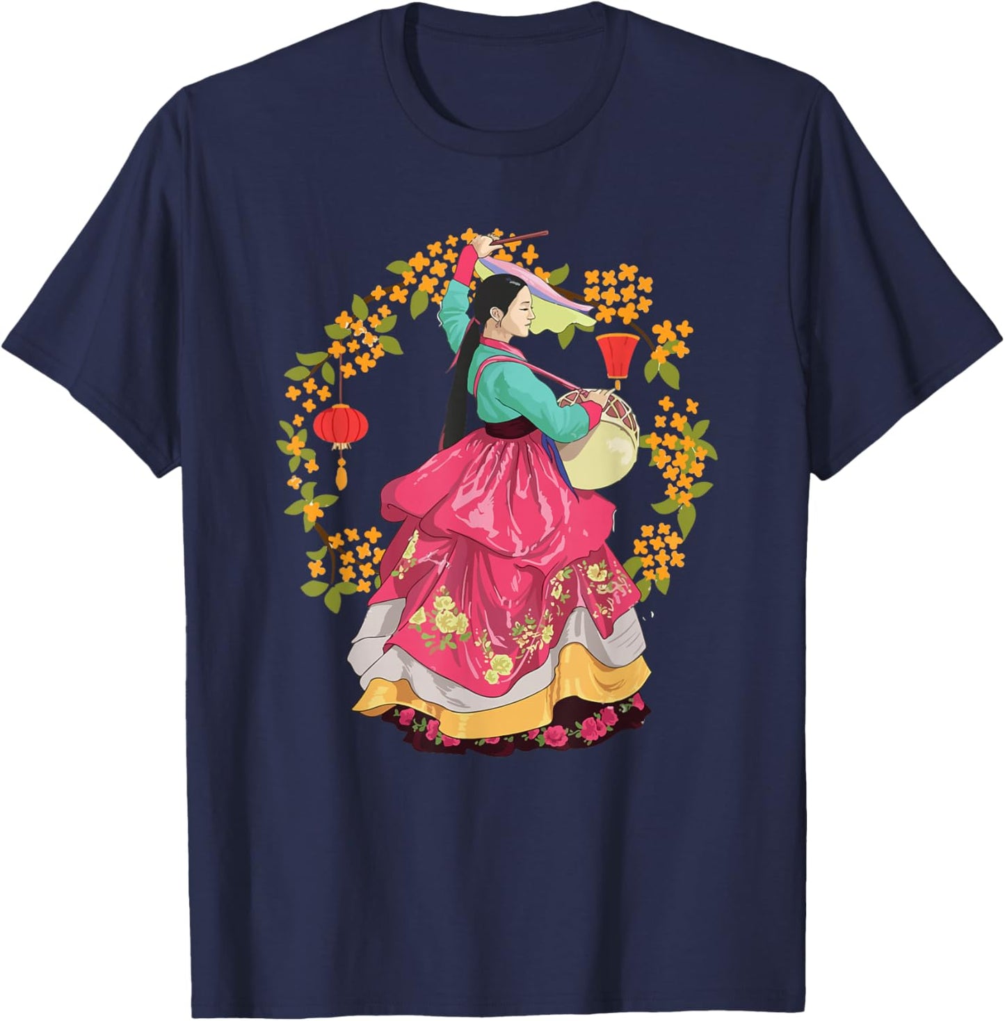Beautiful Korea Girl Wearing Traditional Korean Hanbok T-Shirt - T-Shirt | Navy