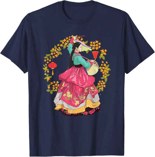 Beautiful Korea Girl Wearing Traditional Korean Hanbok T-Shirt - T-Shirt | Navy