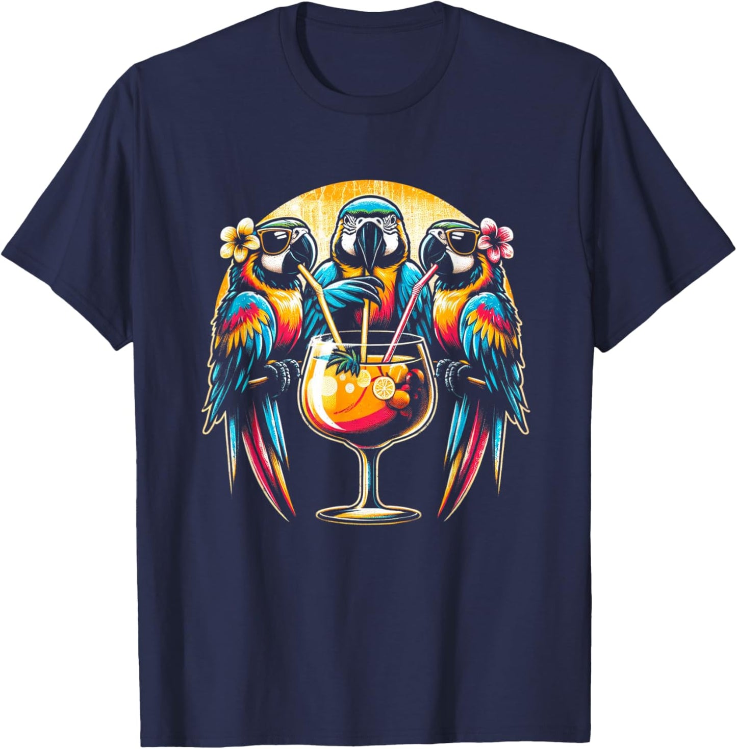 Parrots Drinking Margarita Tropical Birds Vacation Hawaiian T-Shirt - T-Shirt | Navy