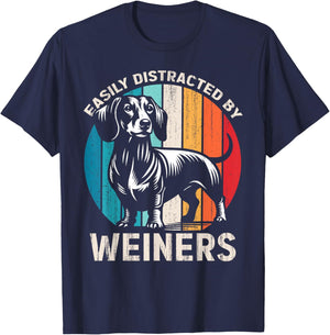 Easily Distracted By Weiners Funny Dog Lover Retro T-Shirt - T-Shirt | Navy