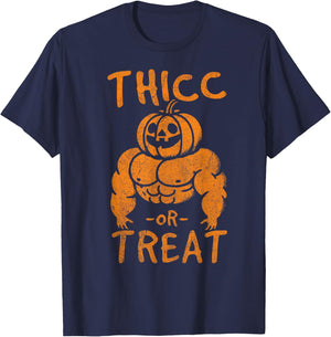 Thicc or Treat Pumpkin Bodybuilder Gym Lover Halloween T-Shirt - T-Shirt | Navy