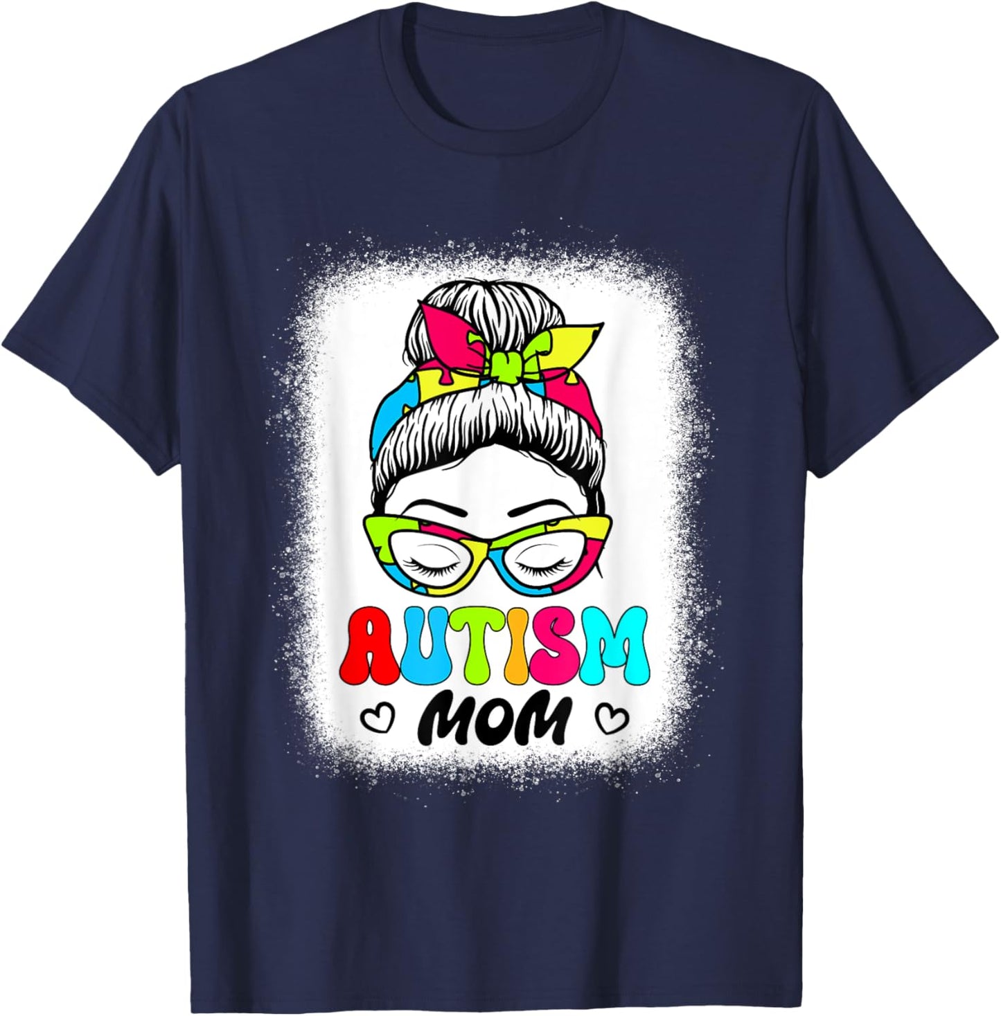 Autism Mom Shirt Women Groovy Messy Bun Autism Awareness T-Shirt - T-Shirt | Navy