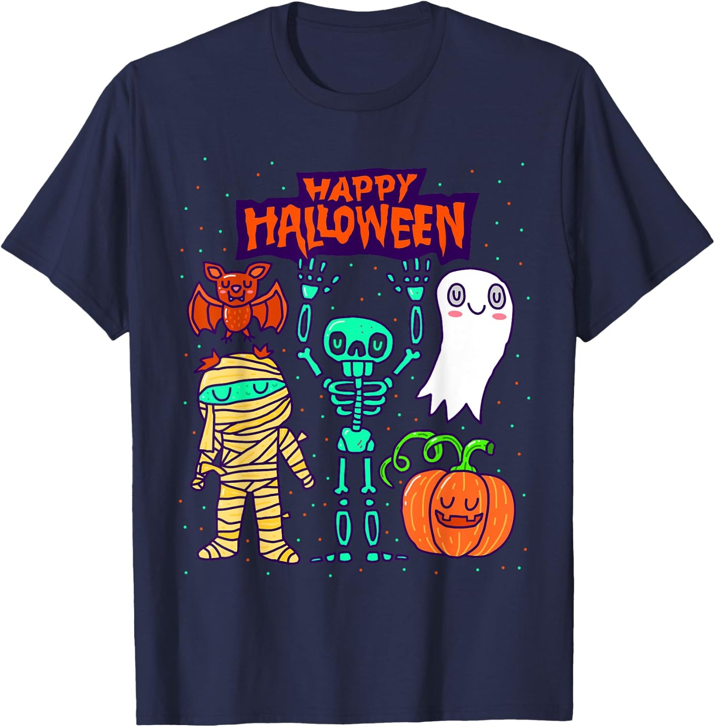 Happy Halloween Skeleton Pumpkin Ghost Cute Kids Boys Girls T-Shirt - T-Shirt | Navy