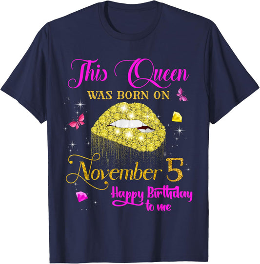 This Queen Was Born on November 5, 5th November Birthday T-Shirt - T-Shirt | Navy