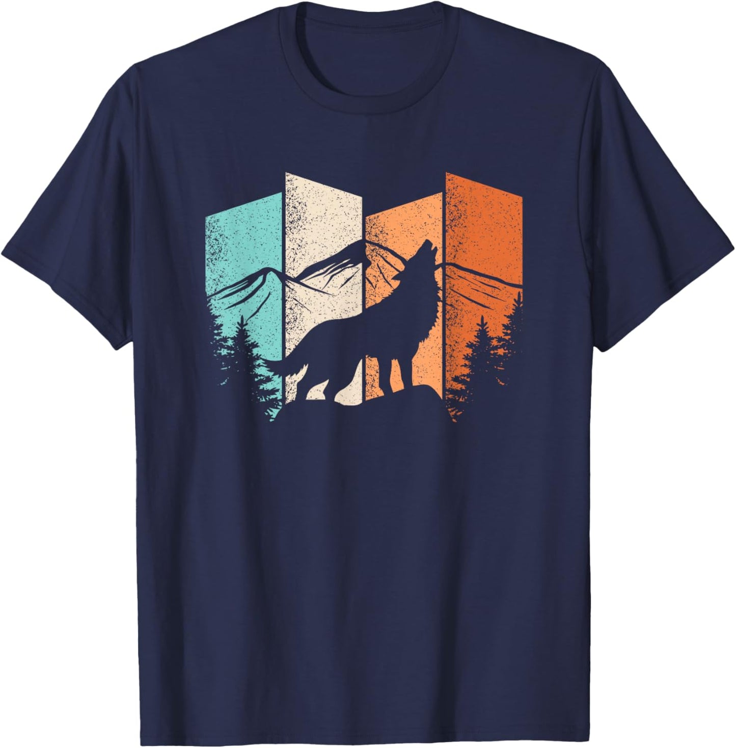 Retro Wolf Landscape Mountain Trees Wolf Lover Men Women T-Shirt - T-Shirt | Navy