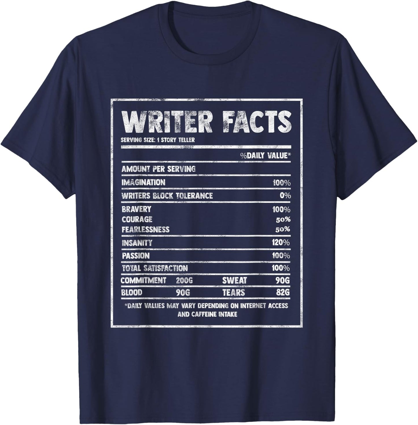 Writer Nutrition Facts Famous Novel Author Graphic Fun Gift T-Shirt - T-Shirt | Navy