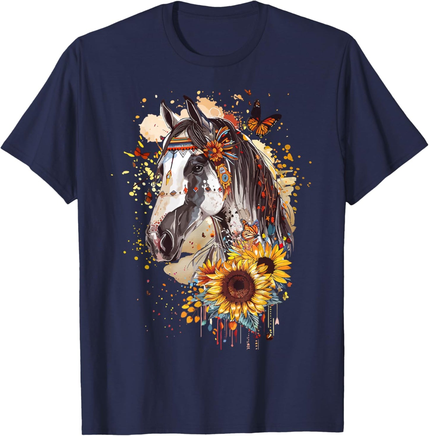 American Paint Horse Lover CowGirl Sunflower Horse Portrait T-Shirt - T-Shirt | Navy