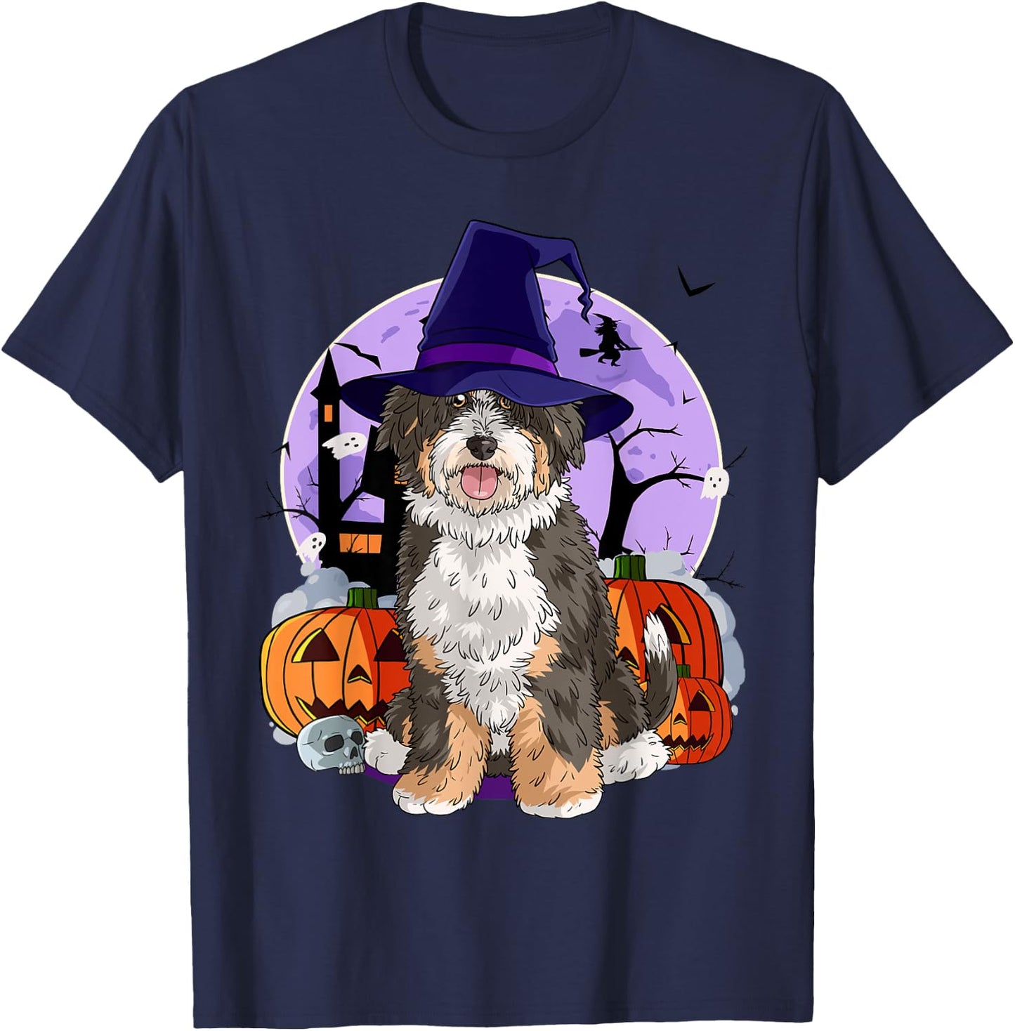 Cute Bernedoodle Halloween Witch Pumpkin T-Shirt - T-Shirt | Navy