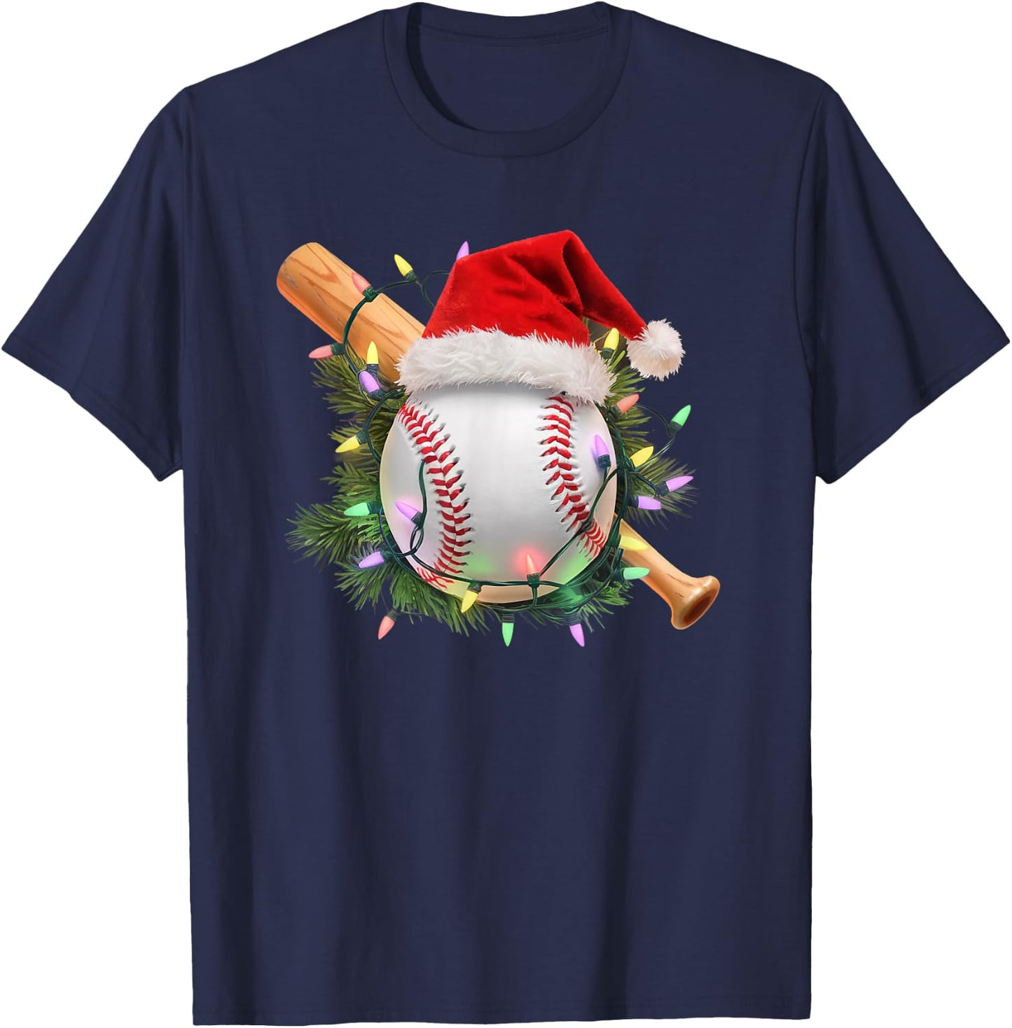 Christmas Baseball Santa Hat Holiday Lights Sports Fans T-Shirt - T-Shirt | Navy