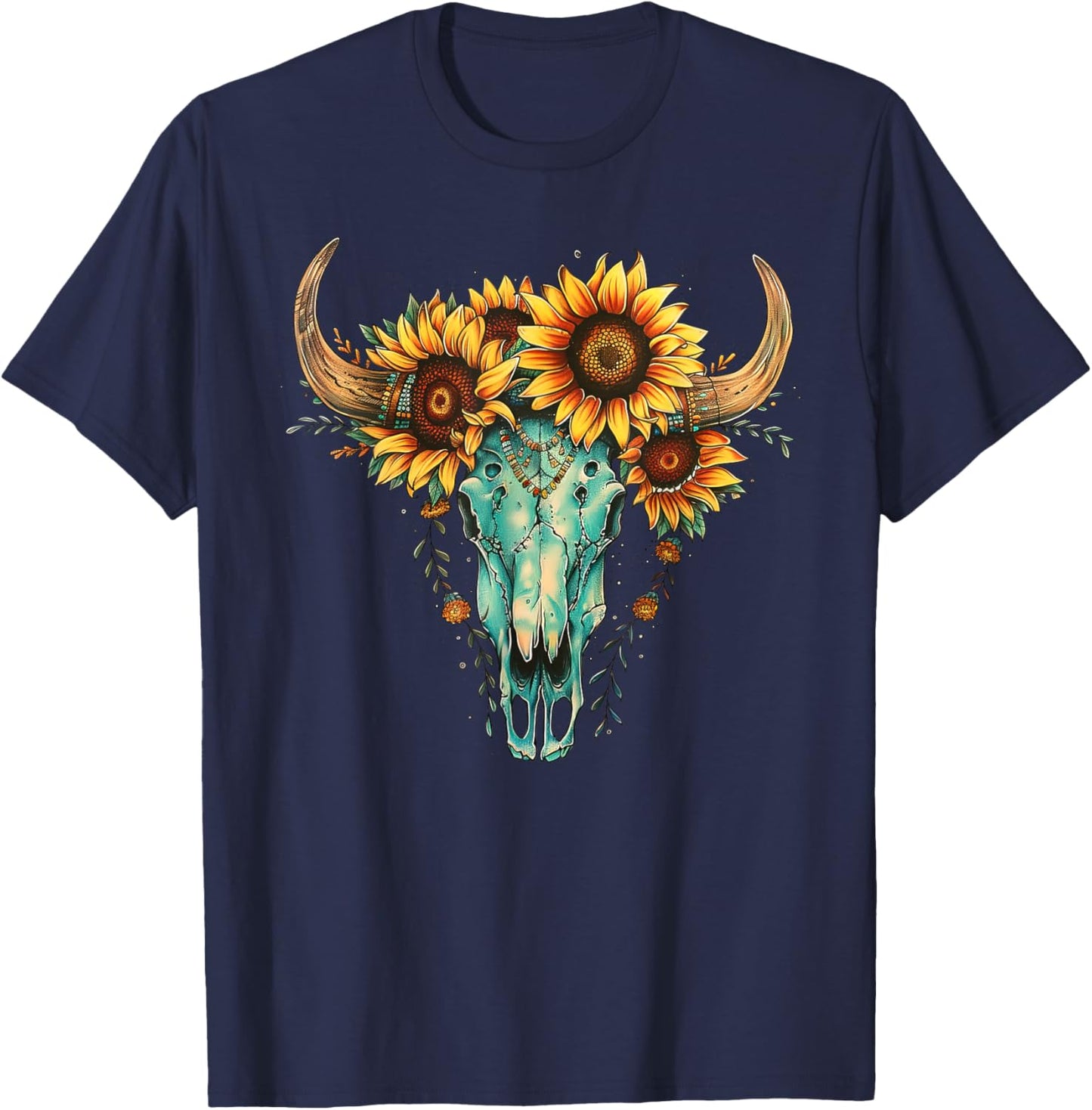 Vintage Boho Skull Western Sunflower Turquoise Bull Skull T-Shirt - T-Shirt | Navy