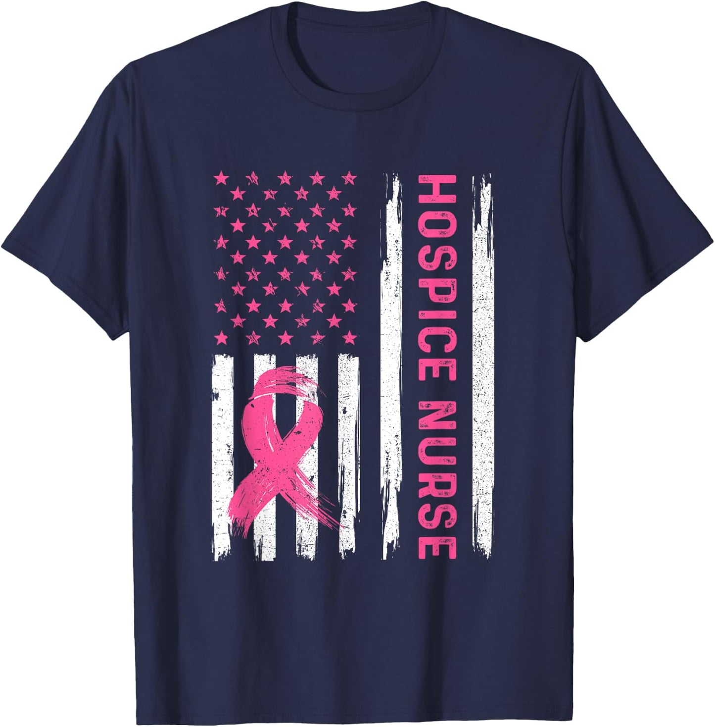 Hospice Nurse American Flag Nurse Breast Cancer Awareness T-Shirt - T-Shirt | Navy