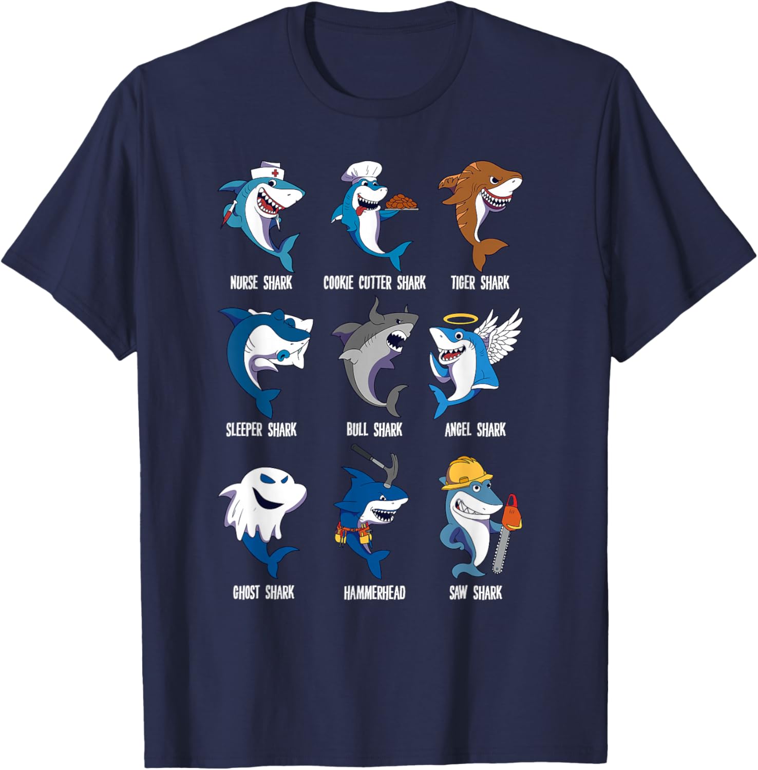 Types of Sharks Pun Ocean Marine Biology Fishing Shark Lover T-Shirt - T-Shirt | Navy