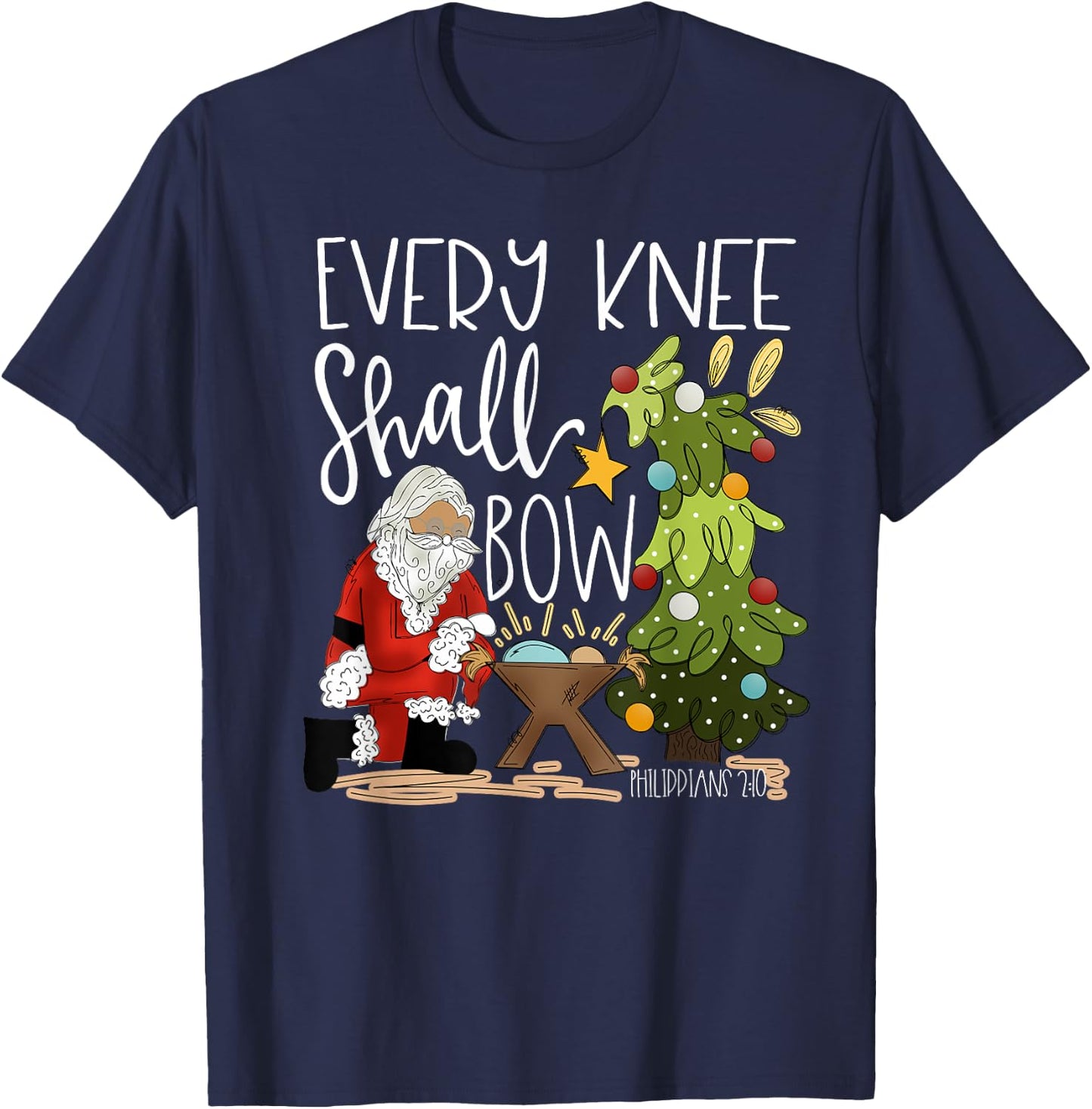 Retro Every Knee Shall Bow Santa Clause Religious Christmas T-Shirt - T-Shirt | Navy