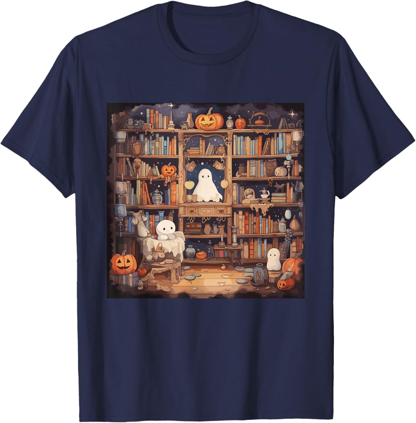 Cute Ghost Reading Books Halloween T-Shirt - T-Shirt | Navy
